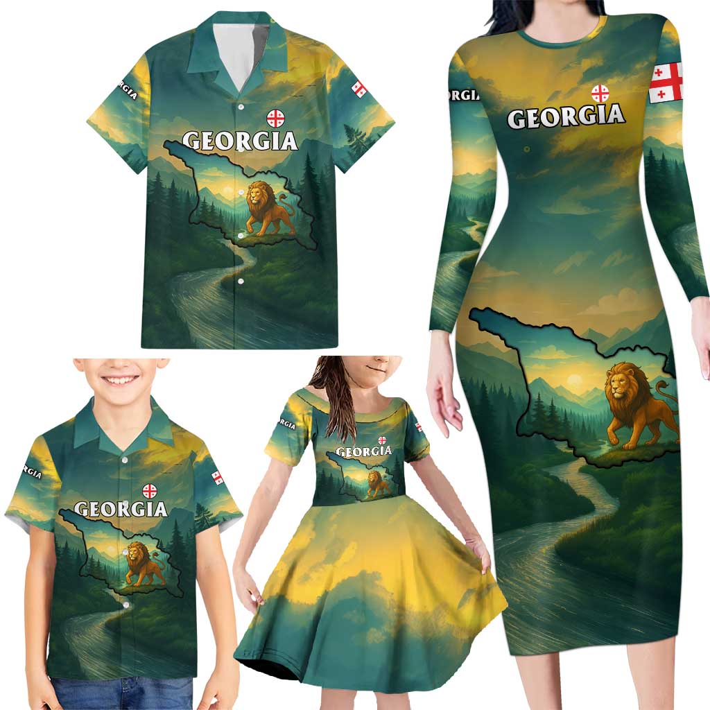 Georgia Family Matching Long Sleeve Bodycon Dress and Hawaiian Shirt with Green Mountain Landscape with Map Outline Lion and Legends Rise Quote Design - Wonder Print Shop