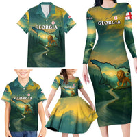 Georgia Family Matching Long Sleeve Bodycon Dress and Hawaiian Shirt with Green Mountain Landscape with Map Outline Lion and Legends Rise Quote Design - Wonder Print Shop