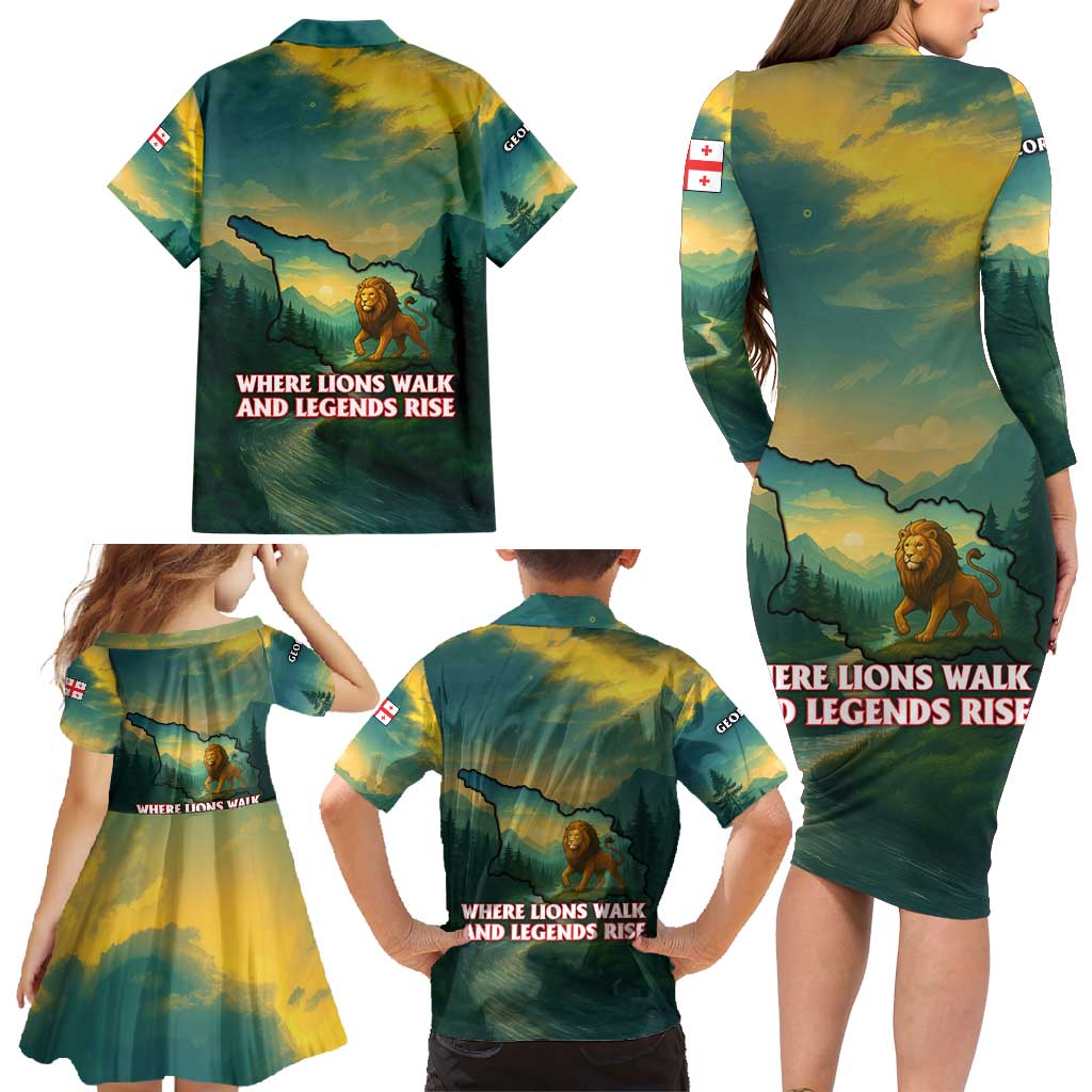Georgia Family Matching Long Sleeve Bodycon Dress and Hawaiian Shirt with Green Mountain Landscape with Map Outline Lion and Legends Rise Quote Design - Wonder Print Shop