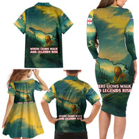 Georgia Family Matching Long Sleeve Bodycon Dress and Hawaiian Shirt with Green Mountain Landscape with Map Outline Lion and Legends Rise Quote Design - Wonder Print Shop