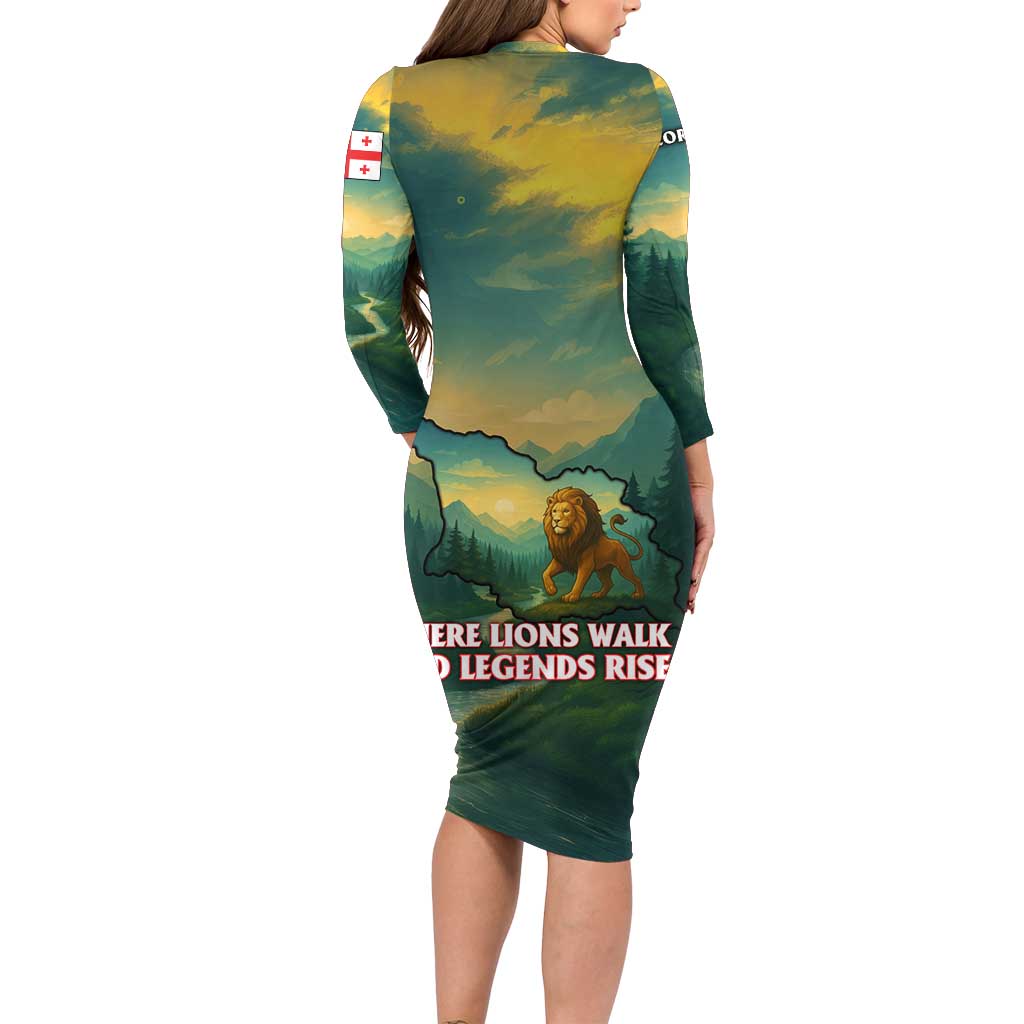 Georgia Family Matching Long Sleeve Bodycon Dress and Hawaiian Shirt with Green Mountain Landscape with Map Outline Lion and Legends Rise Quote Design - Wonder Print Shop