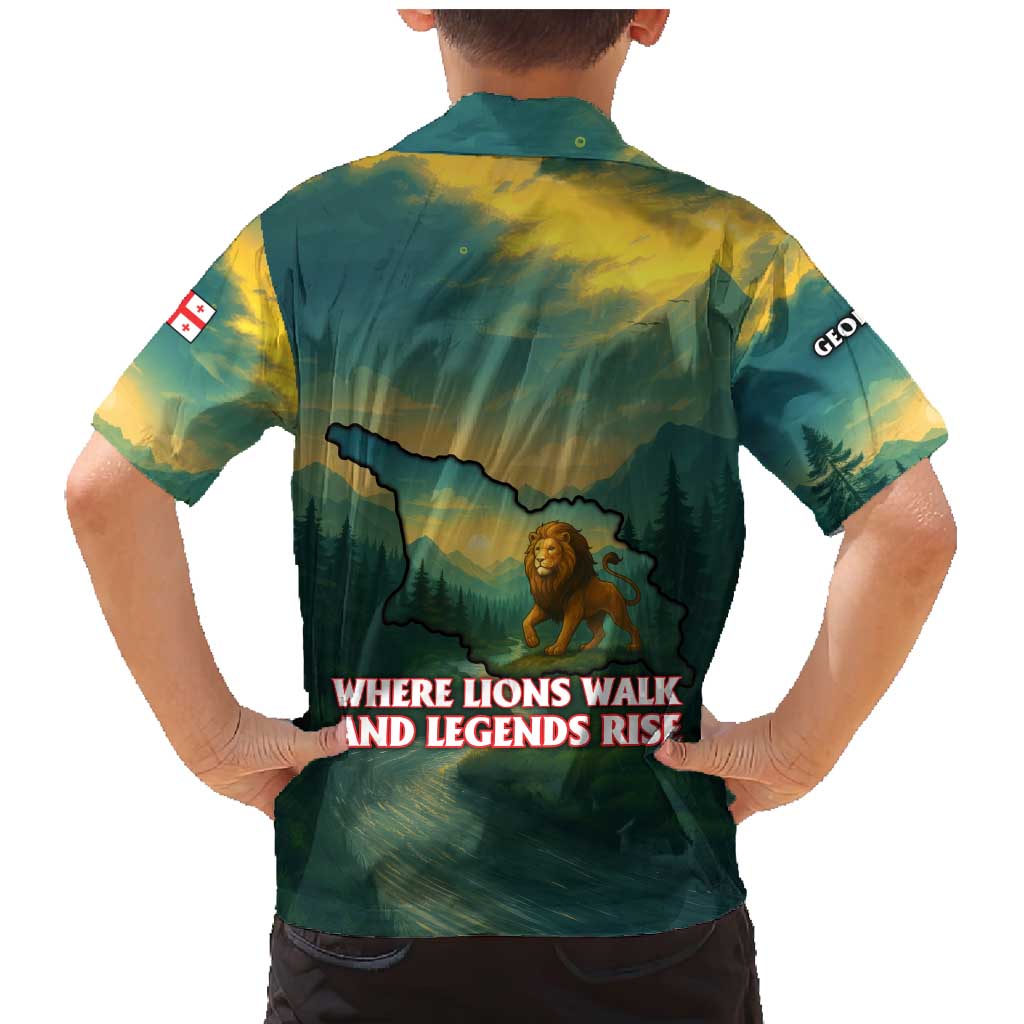 Georgia Family Matching Mermaid Dress and Hawaiian Shirt with Green Mountain Landscape with Map Outline Lion and Legends Rise Quote Design - Wonder Print Shop