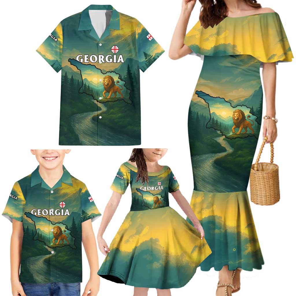 Georgia Family Matching Mermaid Dress and Hawaiian Shirt with Green Mountain Landscape with Map Outline Lion and Legends Rise Quote Design - Wonder Print Shop