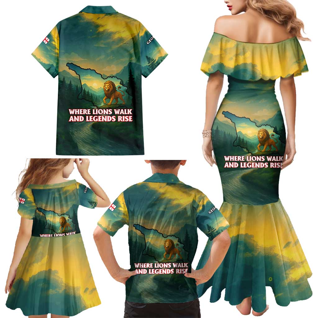 Georgia Family Matching Mermaid Dress and Hawaiian Shirt with Green Mountain Landscape with Map Outline Lion and Legends Rise Quote Design - Wonder Print Shop
