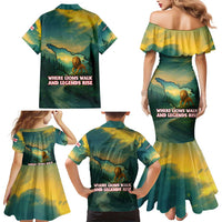 Georgia Family Matching Mermaid Dress and Hawaiian Shirt with Green Mountain Landscape with Map Outline Lion and Legends Rise Quote Design - Wonder Print Shop