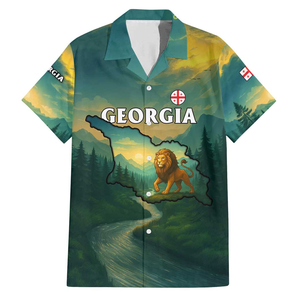 Georgia Family Matching Mermaid Dress and Hawaiian Shirt with Green Mountain Landscape with Map Outline Lion and Legends Rise Quote Design - Wonder Print Shop