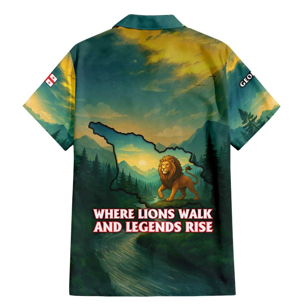Georgia Family Matching Mermaid Dress and Hawaiian Shirt with Green Mountain Landscape with Map Outline Lion and Legends Rise Quote Design - Wonder Print Shop