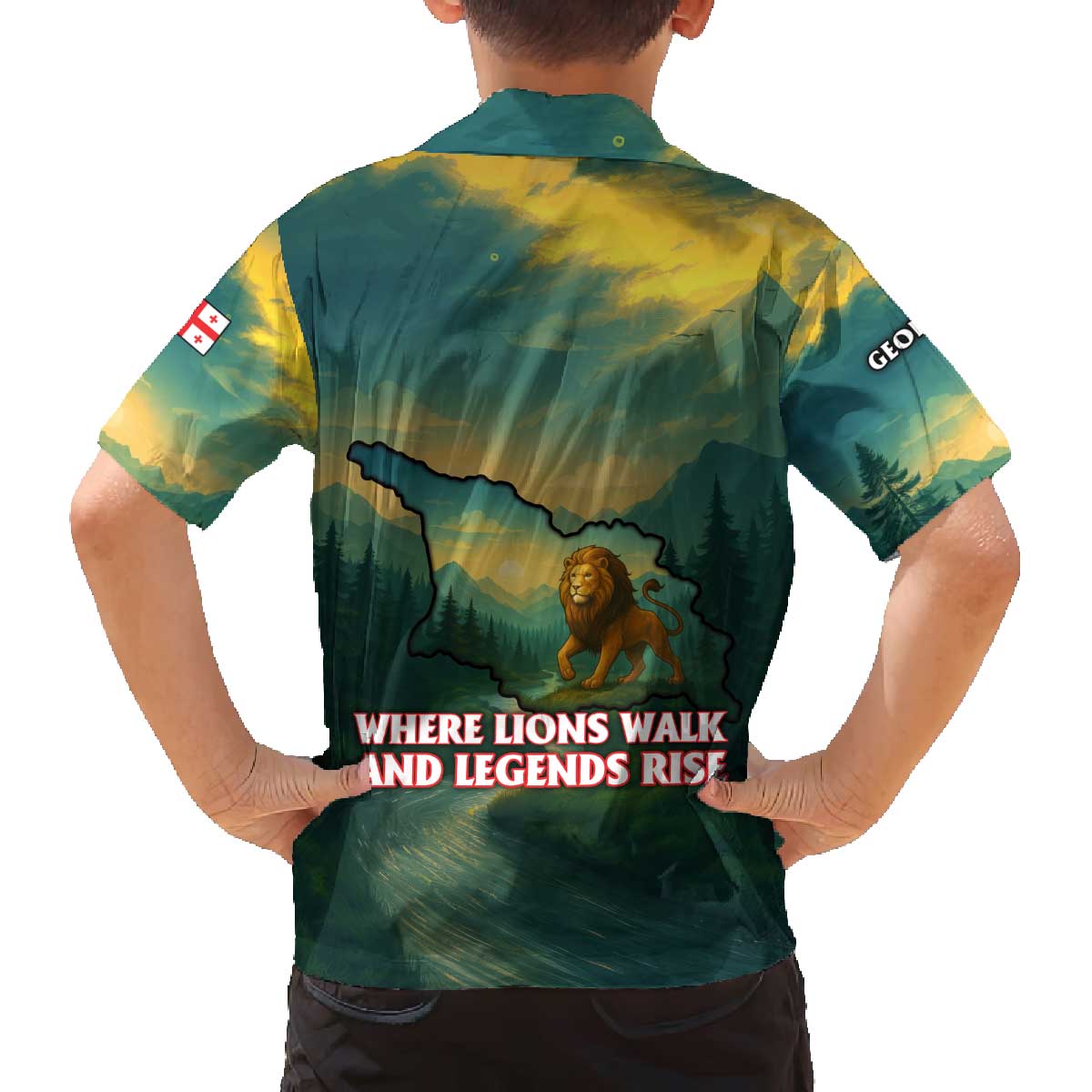 Georgia Family Matching Off The Shoulder Long Sleeve Dress and Hawaiian Shirt with Green Mountain Landscape with Map Outline Lion and Legends Rise Quote Design - Wonder Print Shop