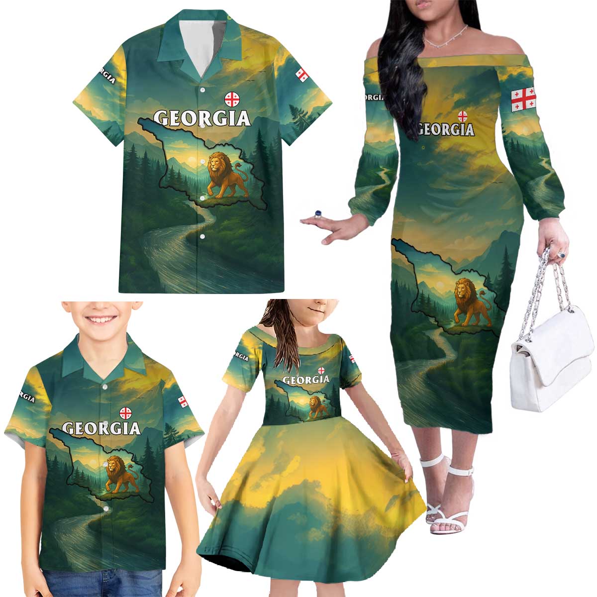 Georgia Family Matching Off The Shoulder Long Sleeve Dress and Hawaiian Shirt with Green Mountain Landscape with Map Outline Lion and Legends Rise Quote Design - Wonder Print Shop
