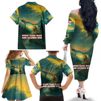 Georgia Family Matching Off The Shoulder Long Sleeve Dress and Hawaiian Shirt with Green Mountain Landscape with Map Outline Lion and Legends Rise Quote Design - Wonder Print Shop