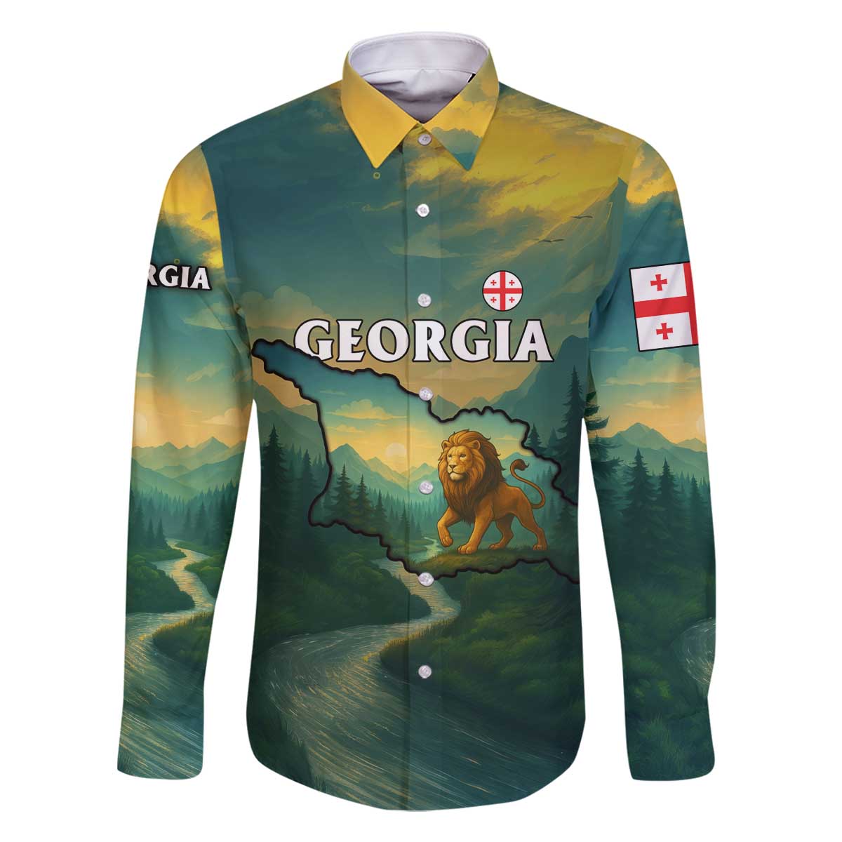 Georgia Family Matching Off The Shoulder Long Sleeve Dress and Hawaiian Shirt with Green Mountain Landscape with Map Outline Lion and Legends Rise Quote Design - Wonder Print Shop