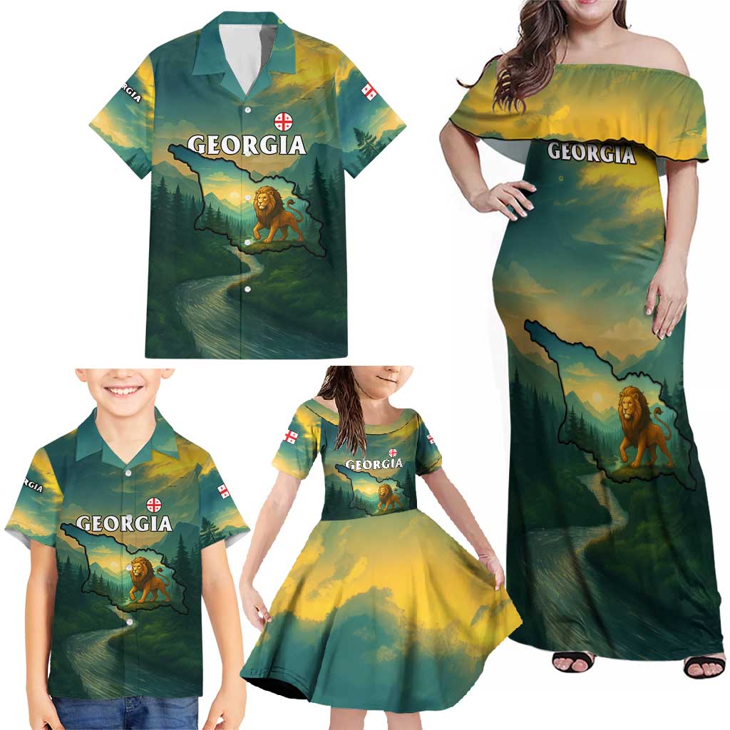 Georgia Family Matching Off Shoulder Maxi Dress and Hawaiian Shirt with Green Mountain Landscape with Map Outline Lion and Legends Rise Quote Design - Wonder Print Shop