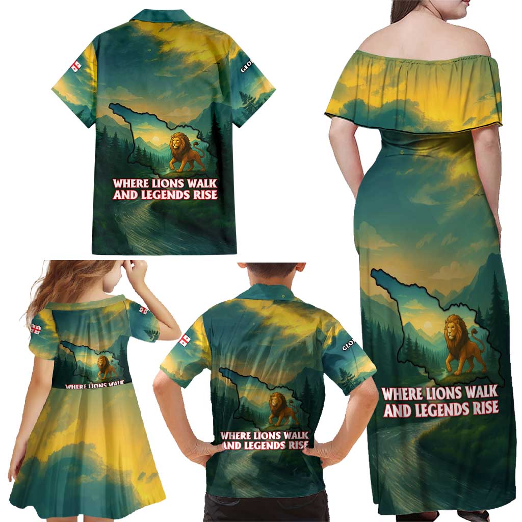 Georgia Family Matching Off Shoulder Maxi Dress and Hawaiian Shirt with Green Mountain Landscape with Map Outline Lion and Legends Rise Quote Design - Wonder Print Shop