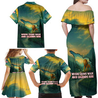 Georgia Family Matching Off Shoulder Maxi Dress and Hawaiian Shirt with Green Mountain Landscape with Map Outline Lion and Legends Rise Quote Design - Wonder Print Shop