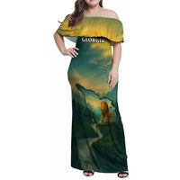 Georgia Family Matching Off Shoulder Maxi Dress and Hawaiian Shirt with Green Mountain Landscape with Map Outline Lion and Legends Rise Quote Design - Wonder Print Shop