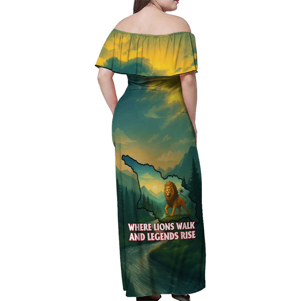 Georgia Family Matching Off Shoulder Maxi Dress and Hawaiian Shirt with Green Mountain Landscape with Map Outline Lion and Legends Rise Quote Design - Wonder Print Shop