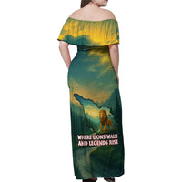 Georgia Family Matching Off Shoulder Maxi Dress and Hawaiian Shirt with Green Mountain Landscape with Map Outline Lion and Legends Rise Quote Design - Wonder Print Shop