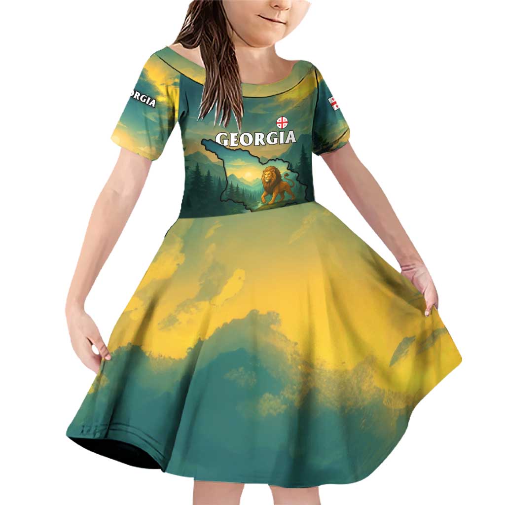 Georgia Family Matching Off Shoulder Short Dress and Hawaiian Shirt with Green Mountain Landscape with Map Outline Lion and Legends Rise Quote Design - Wonder Print Shop