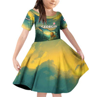 Georgia Family Matching Off Shoulder Short Dress and Hawaiian Shirt with Green Mountain Landscape with Map Outline Lion and Legends Rise Quote Design - Wonder Print Shop