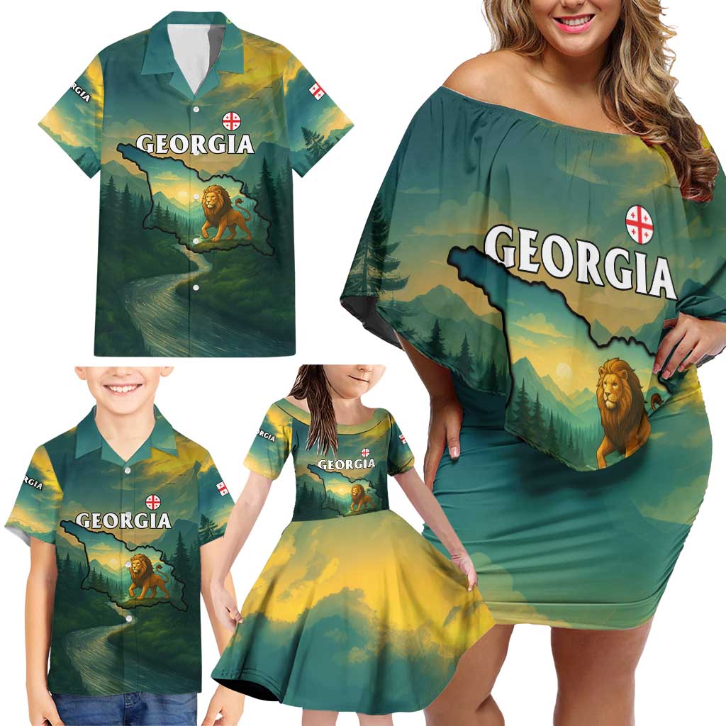 Georgia Family Matching Off Shoulder Short Dress and Hawaiian Shirt with Green Mountain Landscape with Map Outline Lion and Legends Rise Quote Design - Wonder Print Shop