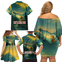 Georgia Family Matching Off Shoulder Short Dress and Hawaiian Shirt with Green Mountain Landscape with Map Outline Lion and Legends Rise Quote Design - Wonder Print Shop