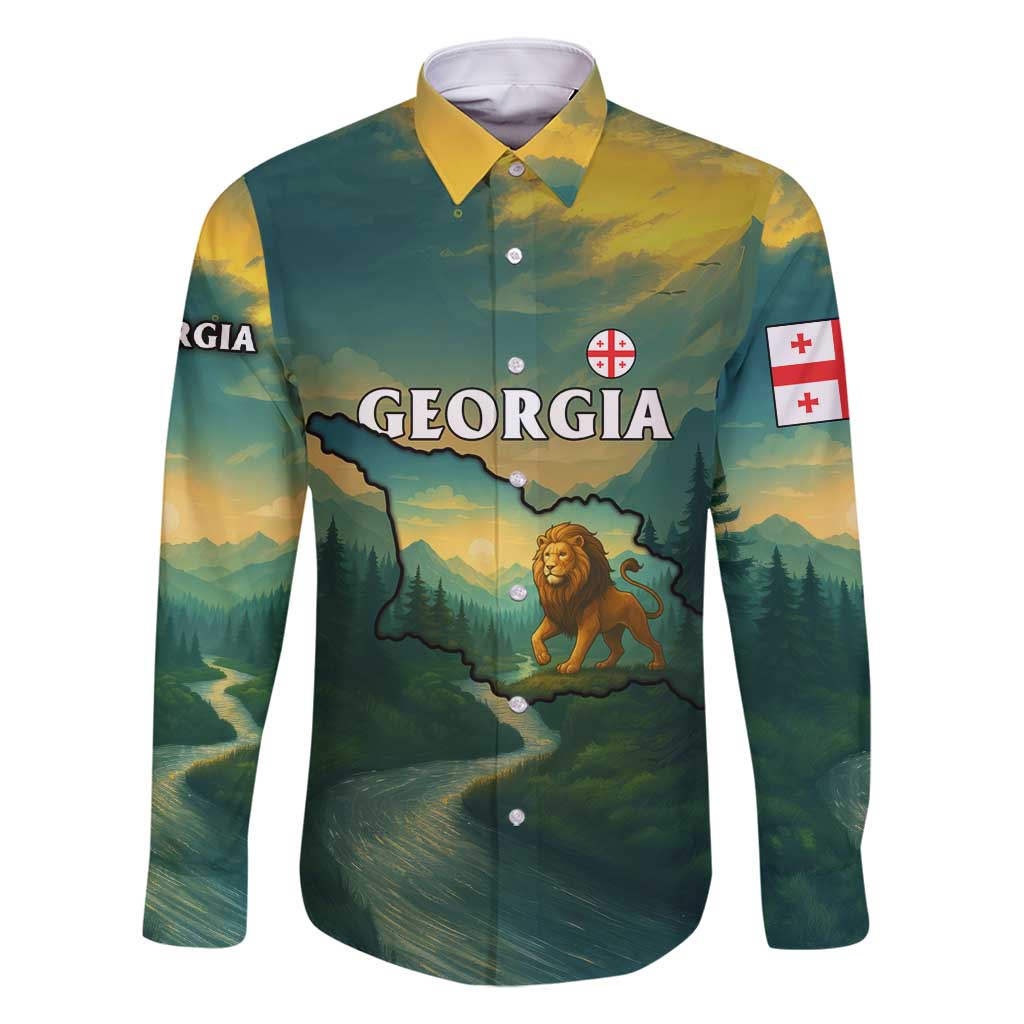 Georgia Family Matching Off Shoulder Short Dress and Hawaiian Shirt with Green Mountain Landscape with Map Outline Lion and Legends Rise Quote Design - Wonder Print Shop