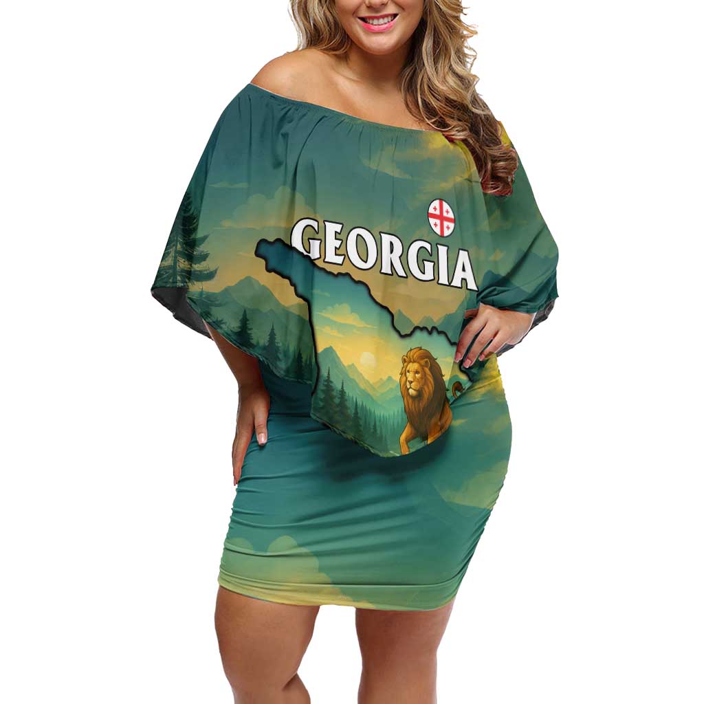 Georgia Family Matching Off Shoulder Short Dress and Hawaiian Shirt with Green Mountain Landscape with Map Outline Lion and Legends Rise Quote Design - Wonder Print Shop