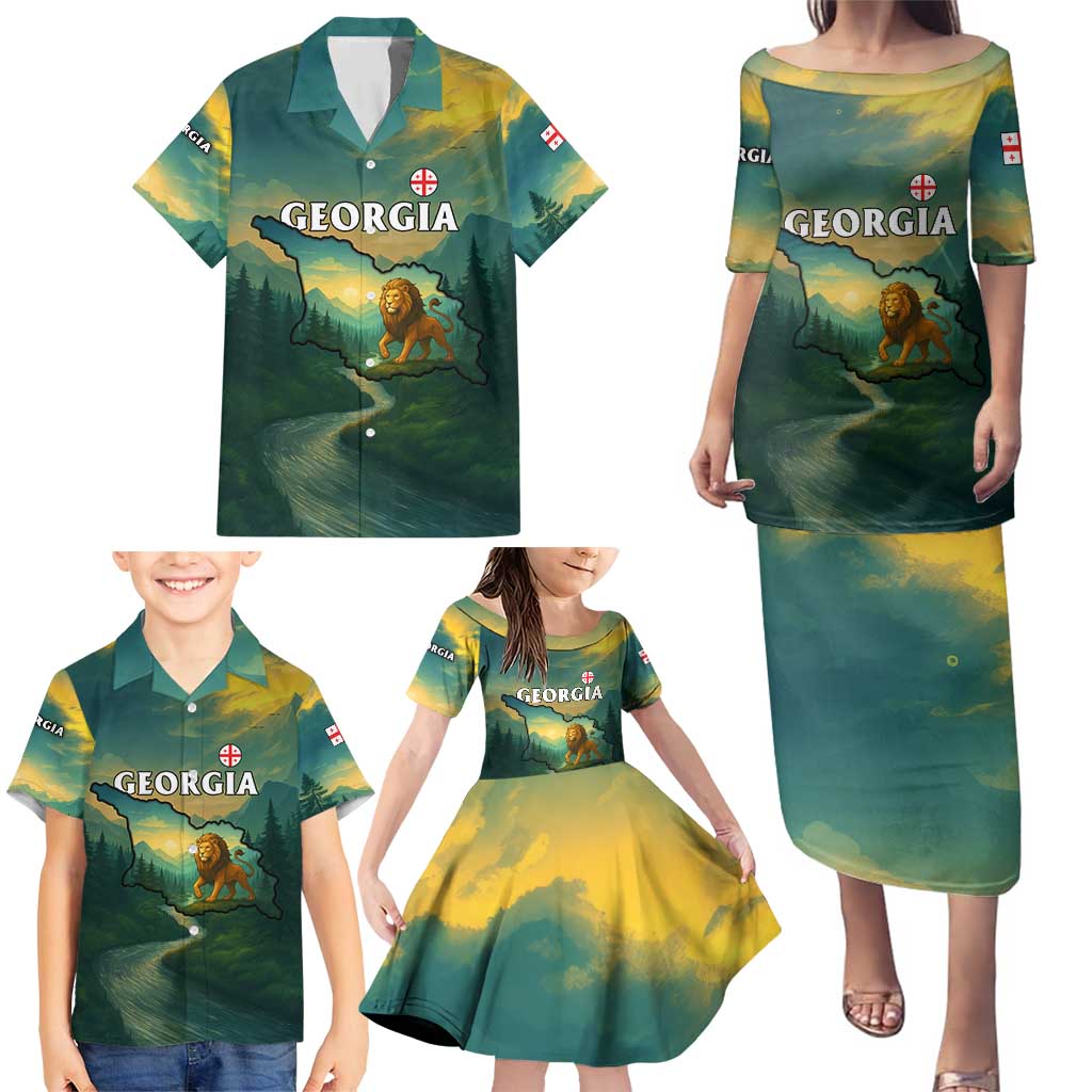 Georgia Family Matching Puletasi and Hawaiian Shirt with Green Mountain Landscape with Map Outline Lion and Legends Rise Quote Design - Wonder Print Shop