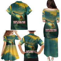 Georgia Family Matching Puletasi and Hawaiian Shirt with Green Mountain Landscape with Map Outline Lion and Legends Rise Quote Design - Wonder Print Shop