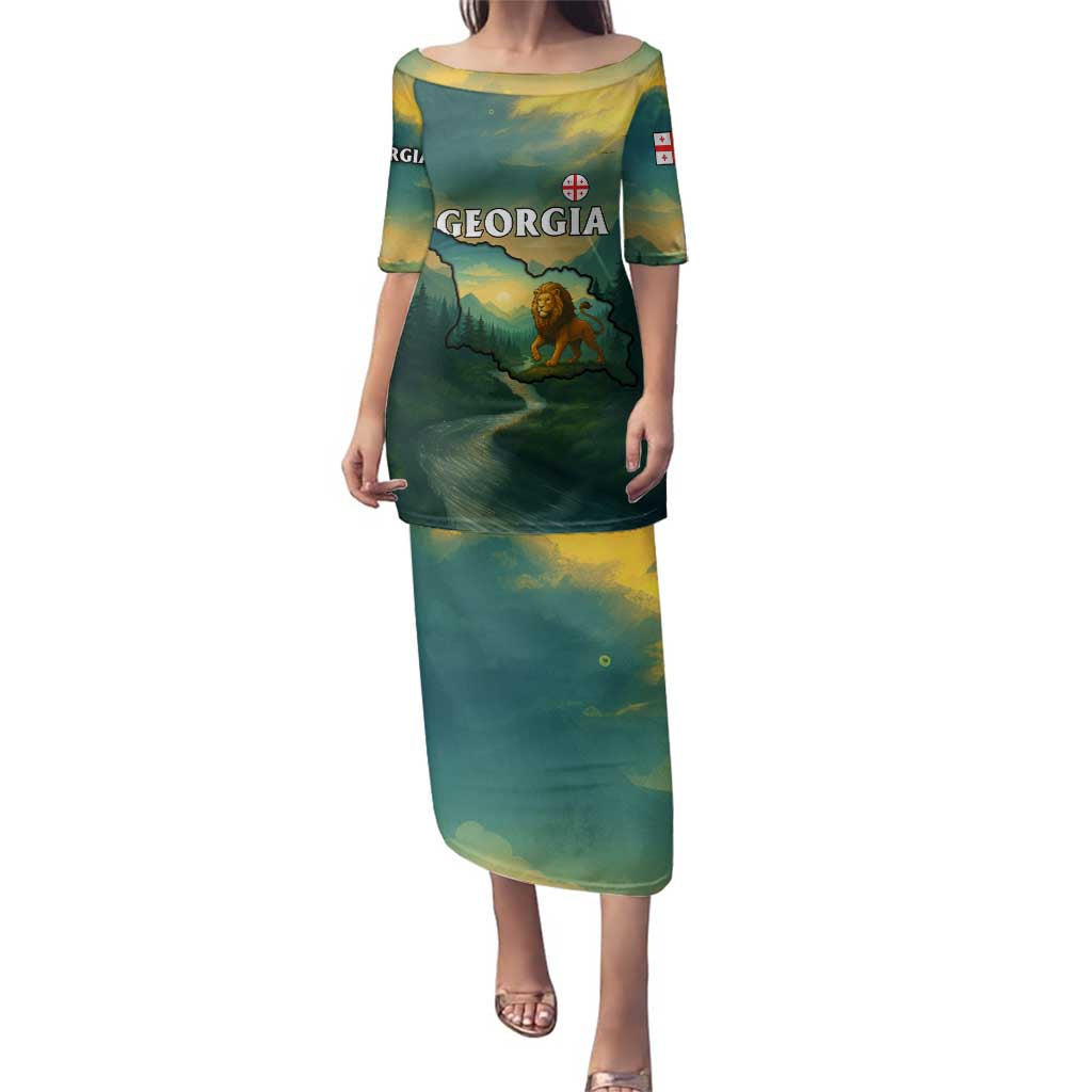 Georgia Family Matching Puletasi and Hawaiian Shirt with Green Mountain Landscape with Map Outline Lion and Legends Rise Quote Design - Wonder Print Shop