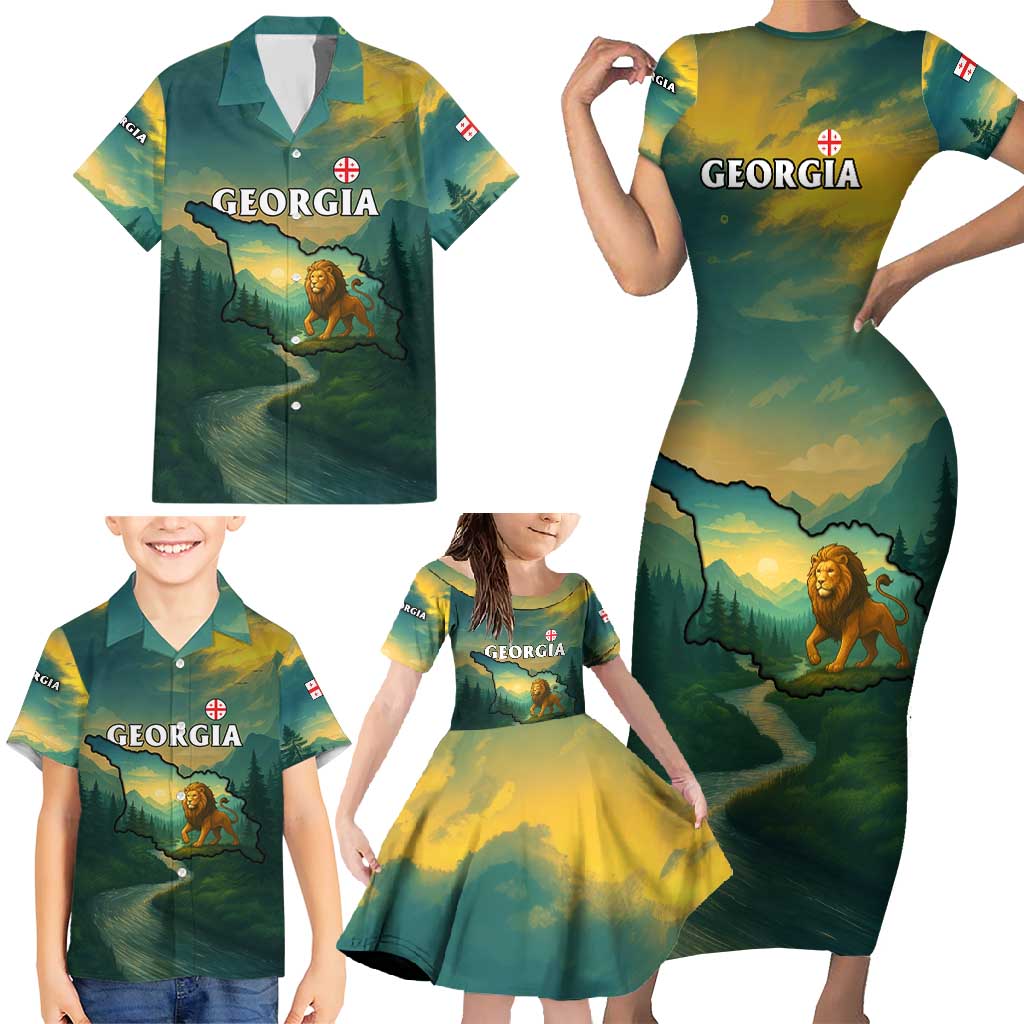 Georgia Family Matching Short Sleeve Bodycon Dress and Hawaiian Shirt with Green Mountain Landscape with Map Outline Lion and Legends Rise Quote Design - Wonder Print Shop
