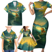 Georgia Family Matching Short Sleeve Bodycon Dress and Hawaiian Shirt with Green Mountain Landscape with Map Outline Lion and Legends Rise Quote Design - Wonder Print Shop