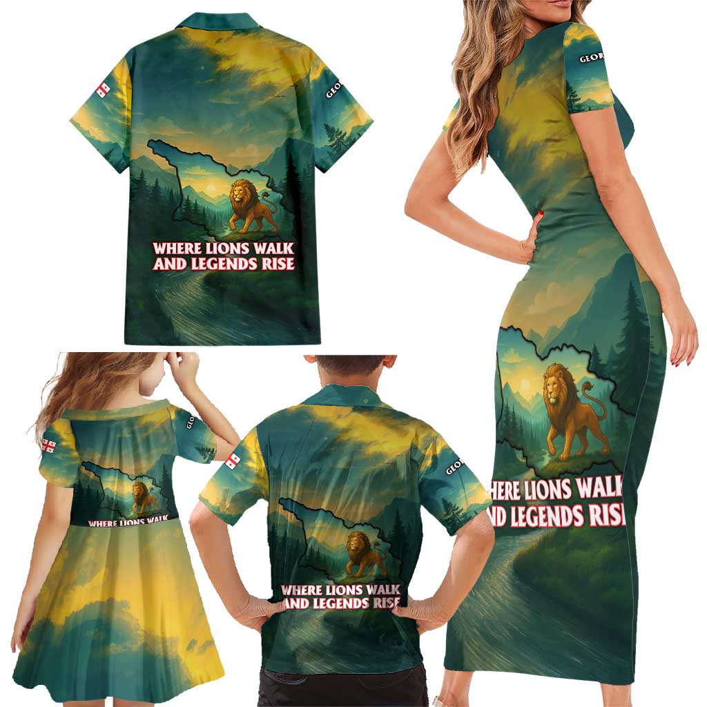 Georgia Family Matching Short Sleeve Bodycon Dress and Hawaiian Shirt with Green Mountain Landscape with Map Outline Lion and Legends Rise Quote Design - Wonder Print Shop