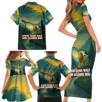 Georgia Family Matching Short Sleeve Bodycon Dress and Hawaiian Shirt with Green Mountain Landscape with Map Outline Lion and Legends Rise Quote Design - Wonder Print Shop