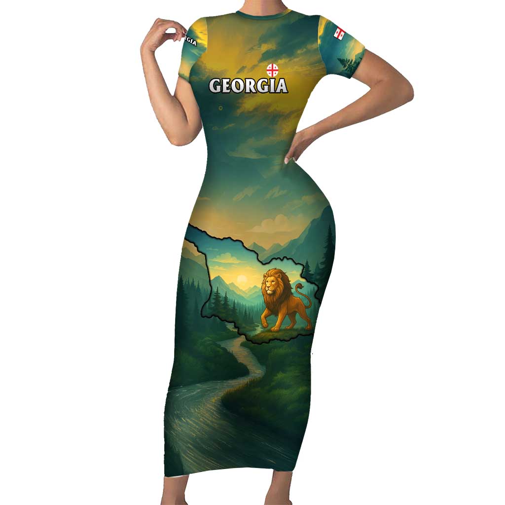 Georgia Family Matching Short Sleeve Bodycon Dress and Hawaiian Shirt with Green Mountain Landscape with Map Outline Lion and Legends Rise Quote Design - Wonder Print Shop