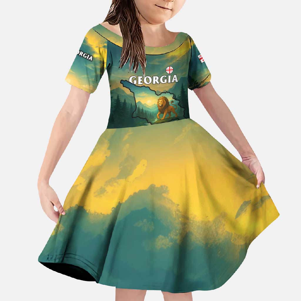 Georgia Family Matching Summer Maxi Dress and Hawaiian Shirt with Green Mountain Landscape with Map Outline Lion and Legends Rise Quote Design - Wonder Print Shop