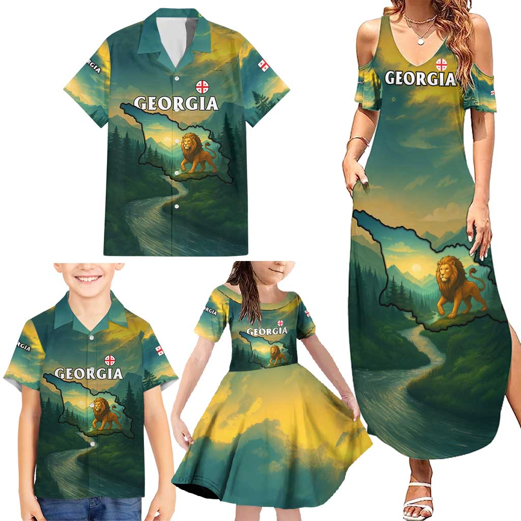 Georgia Family Matching Summer Maxi Dress and Hawaiian Shirt with Green Mountain Landscape with Map Outline Lion and Legends Rise Quote Design - Wonder Print Shop