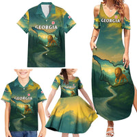 Georgia Family Matching Summer Maxi Dress and Hawaiian Shirt with Green Mountain Landscape with Map Outline Lion and Legends Rise Quote Design - Wonder Print Shop