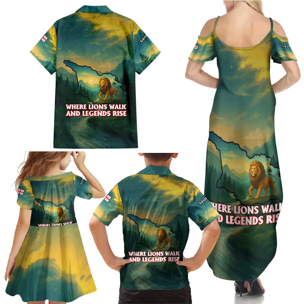 Georgia Family Matching Summer Maxi Dress and Hawaiian Shirt with Green Mountain Landscape with Map Outline Lion and Legends Rise Quote Design - Wonder Print Shop