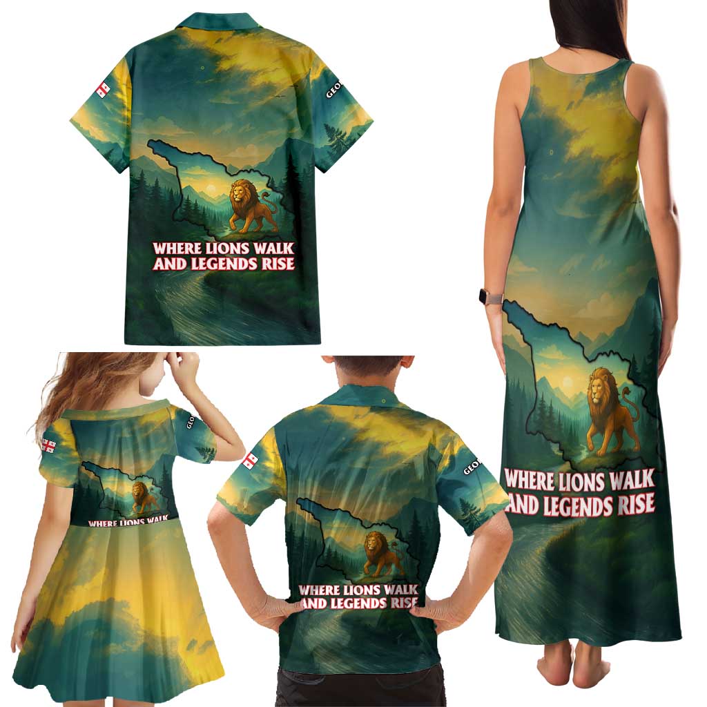 Georgia Family Matching Tank Maxi Dress and Hawaiian Shirt with Green Mountain Landscape with Map Outline Lion and Legends Rise Quote Design - Wonder Print Shop