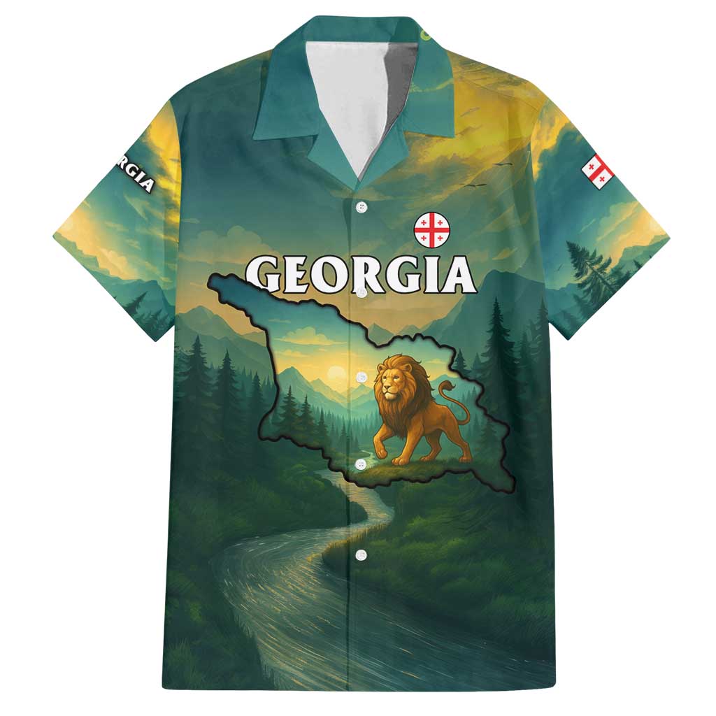Georgia Family Matching Tank Maxi Dress and Hawaiian Shirt with Green Mountain Landscape with Map Outline Lion and Legends Rise Quote Design - Wonder Print Shop