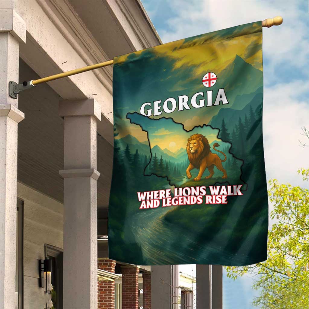 Georgia Garden Flag with Green Mountain Landscape with Map Outline Lion and Legends Rise Quote Design - Wonder Print Shop