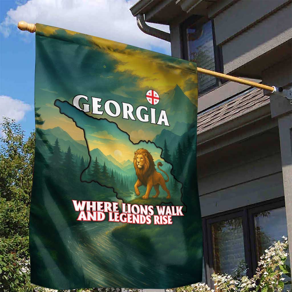 Georgia Garden Flag with Green Mountain Landscape with Map Outline Lion and Legends Rise Quote Design - Wonder Print Shop