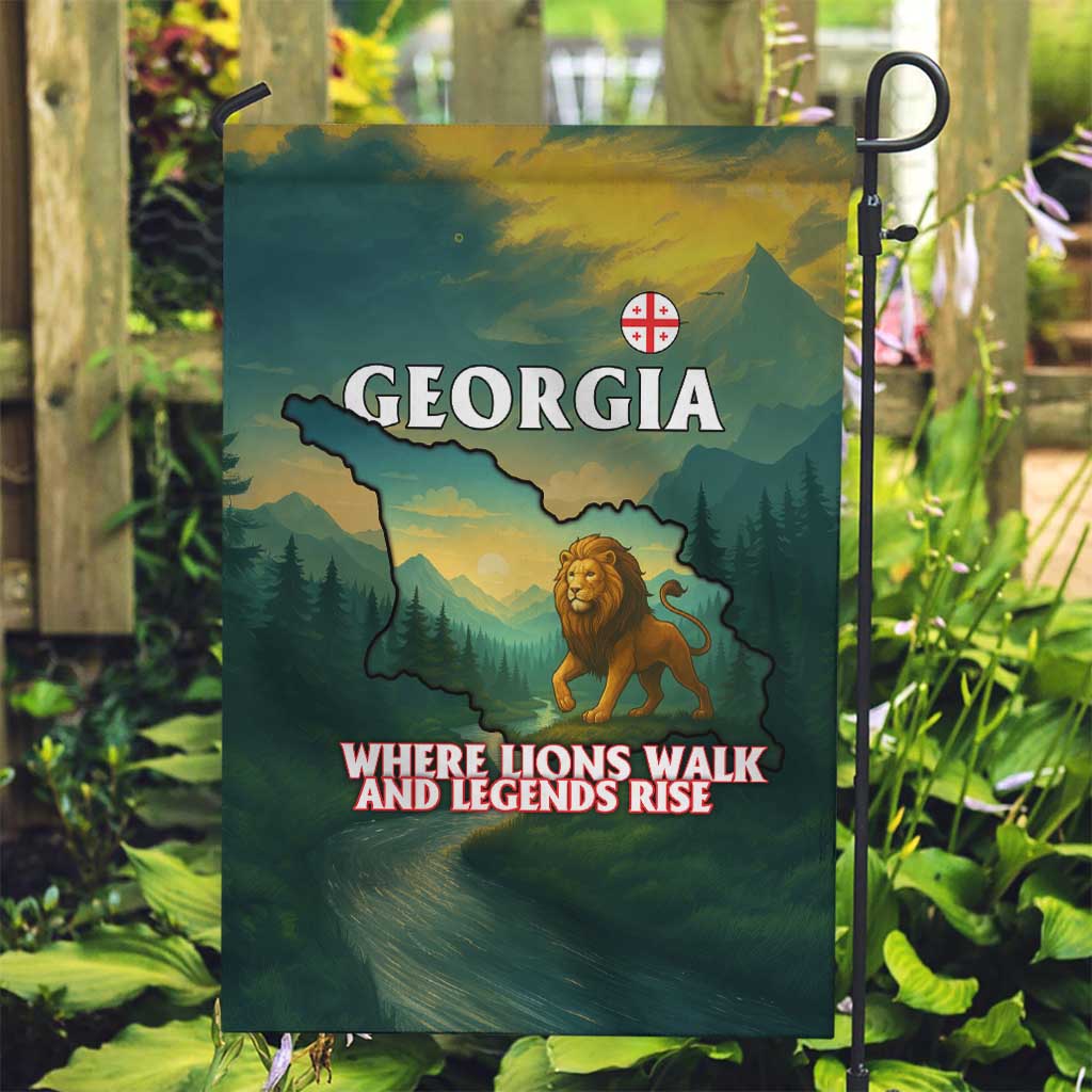 Georgia Garden Flag with Green Mountain Landscape with Map Outline Lion and Legends Rise Quote Design - Wonder Print Shop