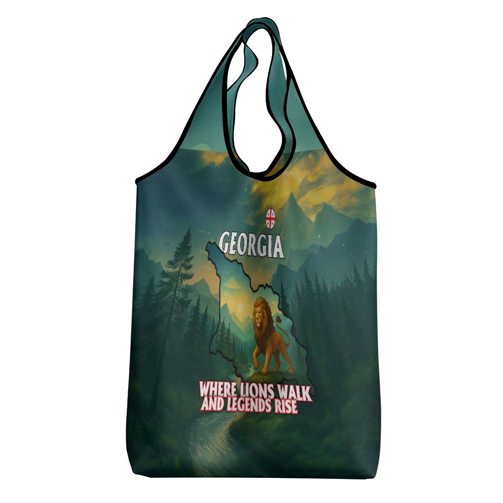 Georgia Grocery Bag with Green Mountain Landscape with Map Outline Lion and Legends Rise Quote Design - Wonder Print Shop