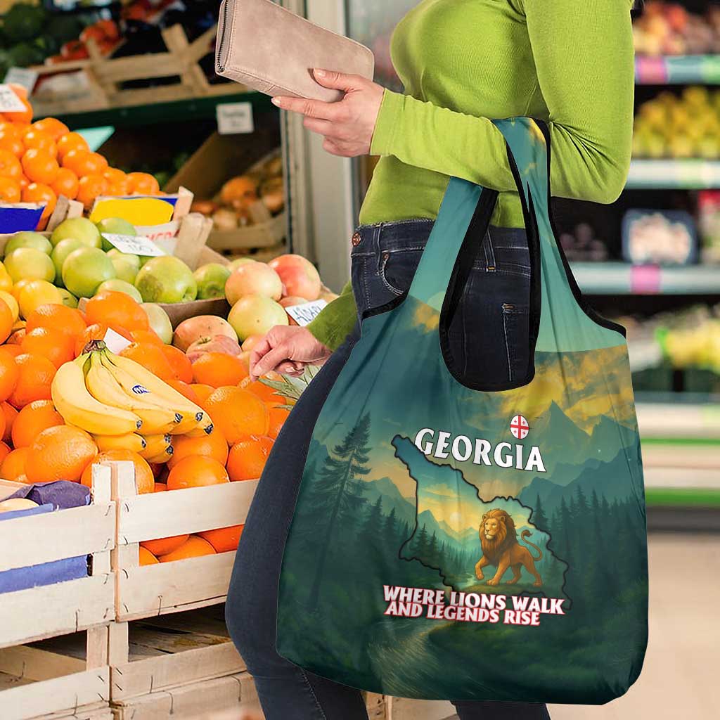 Georgia Grocery Bag with Green Mountain Landscape with Map Outline Lion and Legends Rise Quote Design - Wonder Print Shop