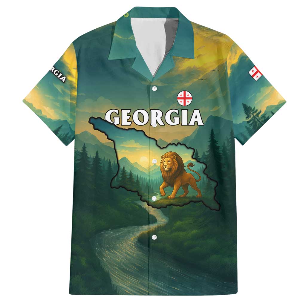 Georgia Hawaiian Shirt with Green Mountain Landscape with Map Outline Lion and Legends Rise Quote Design - Wonder Print Shop