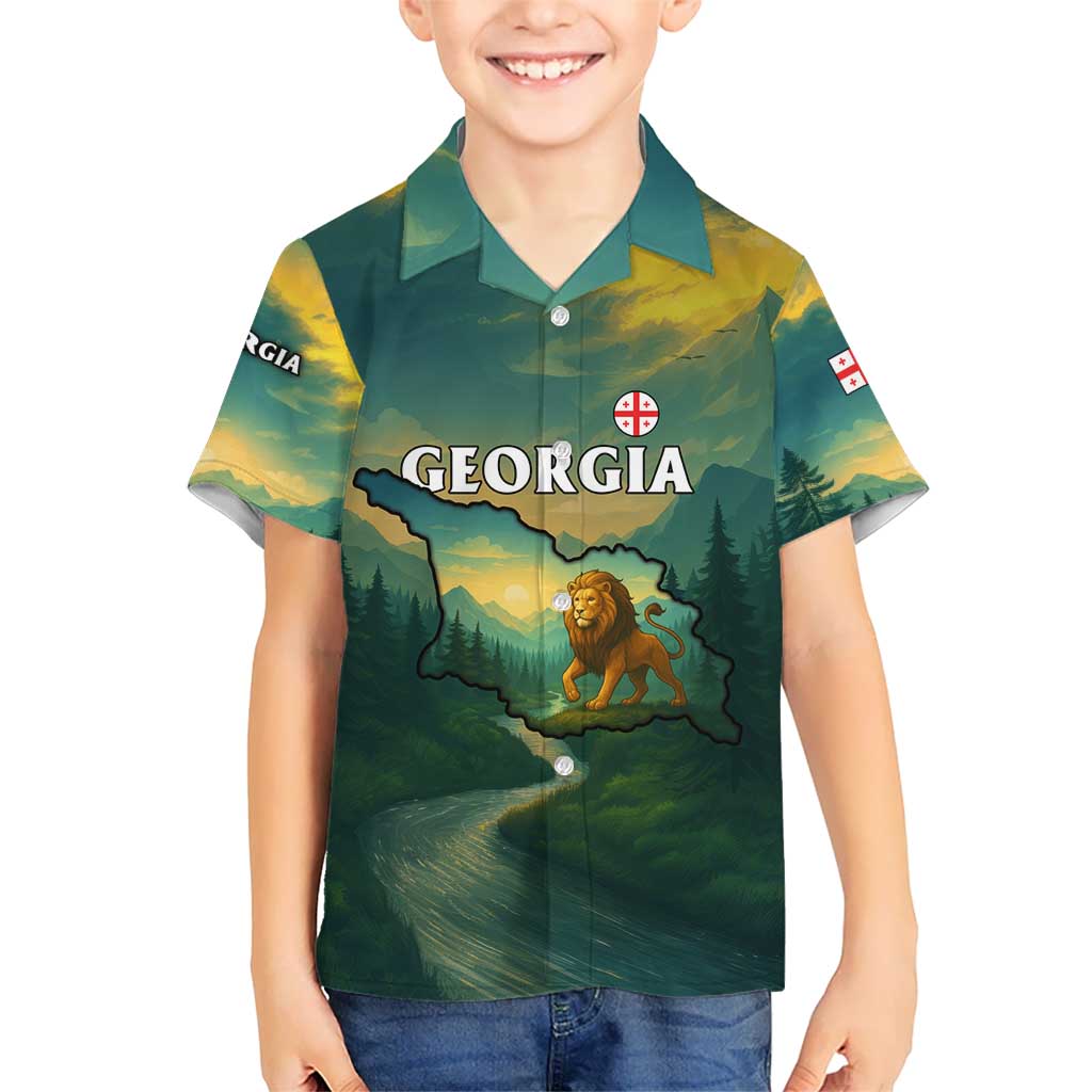 Georgia Hawaiian Shirt with Green Mountain Landscape with Map Outline Lion and Legends Rise Quote Design - Wonder Print Shop