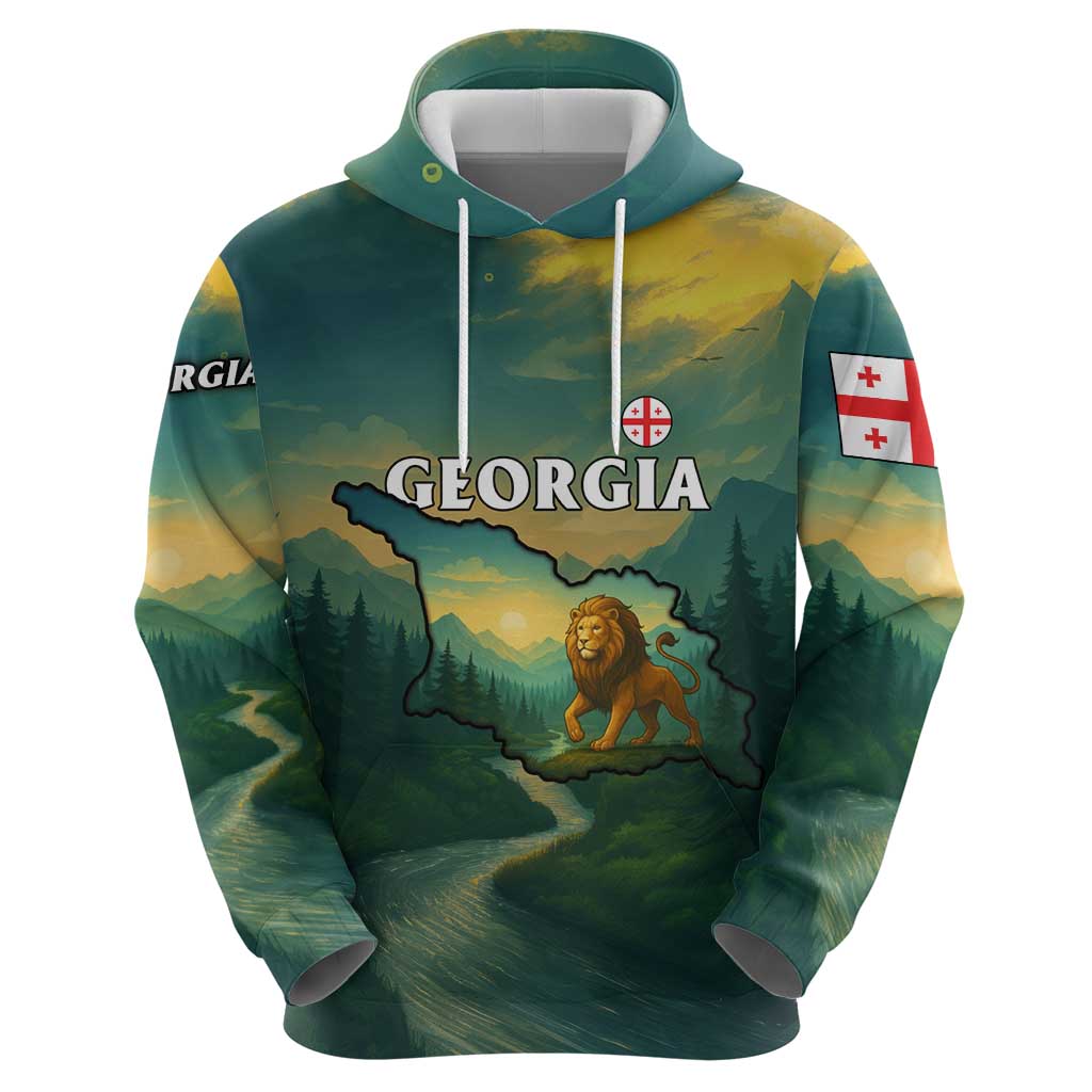 Georgia Hoodie with Green Mountain Landscape with Map Outline Lion and Legends Rise Quote Design - Wonder Print Shop
