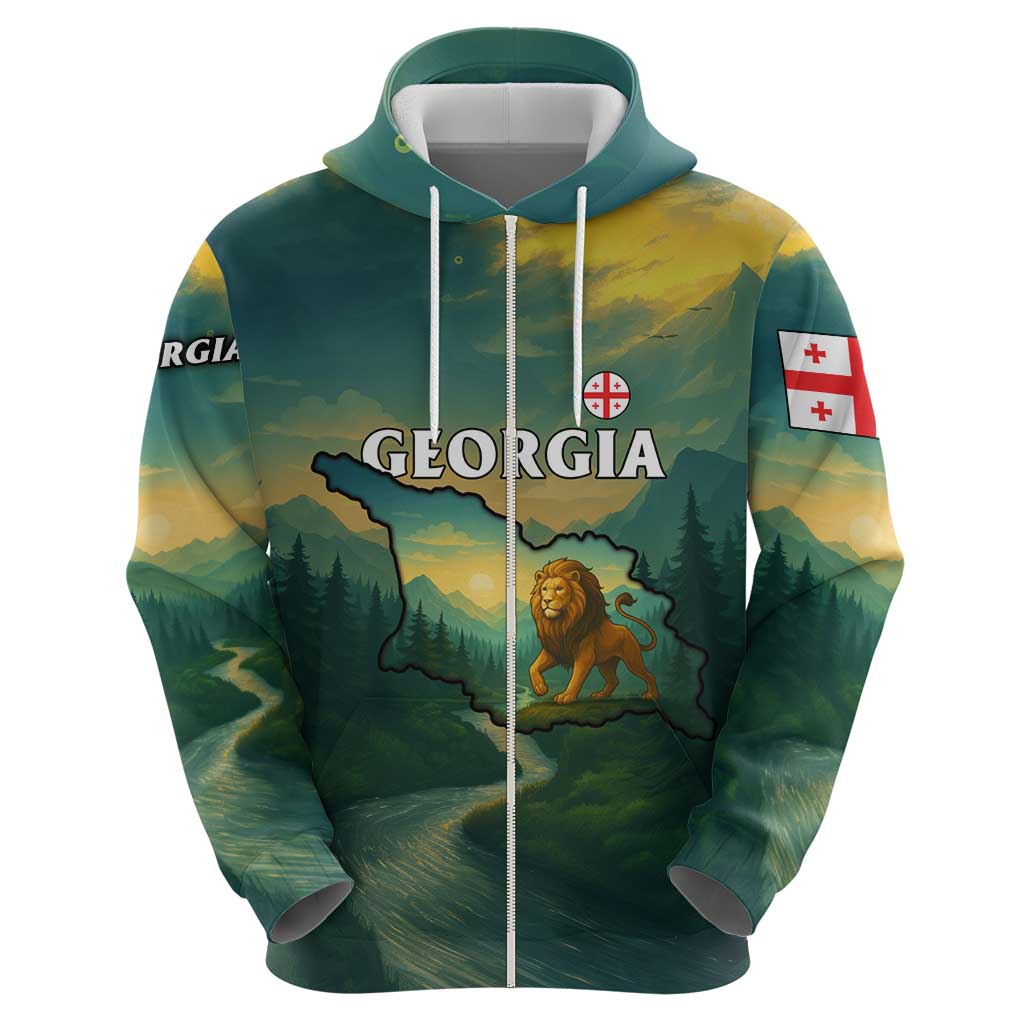 Georgia Hoodie with Green Mountain Landscape with Map Outline Lion and Legends Rise Quote Design - Wonder Print Shop